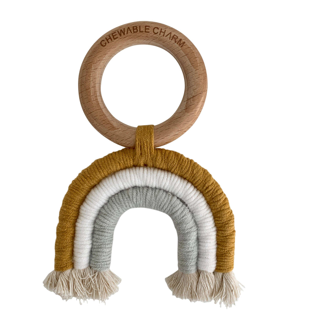 Chewable Charm Rainbow Macrame Teether- Mustard + Grey CCMT11