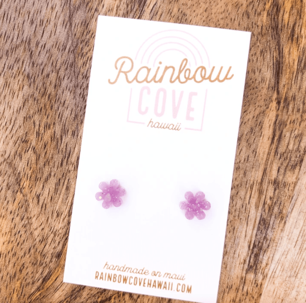 Rainbow Cove Hawaii Earrings Purple Glittery Opal Flower Stud Earrings